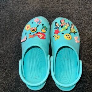 2 CROCS BUNDLE Blue and purple Mules with Fun Charms